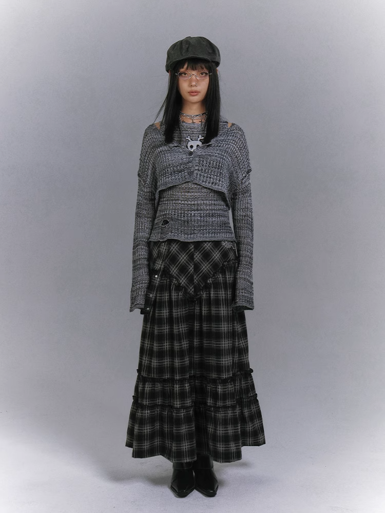 Set Y2K Gray Skeleton Distressed Tank Top with Cardigan Glamorous Holes Pattern