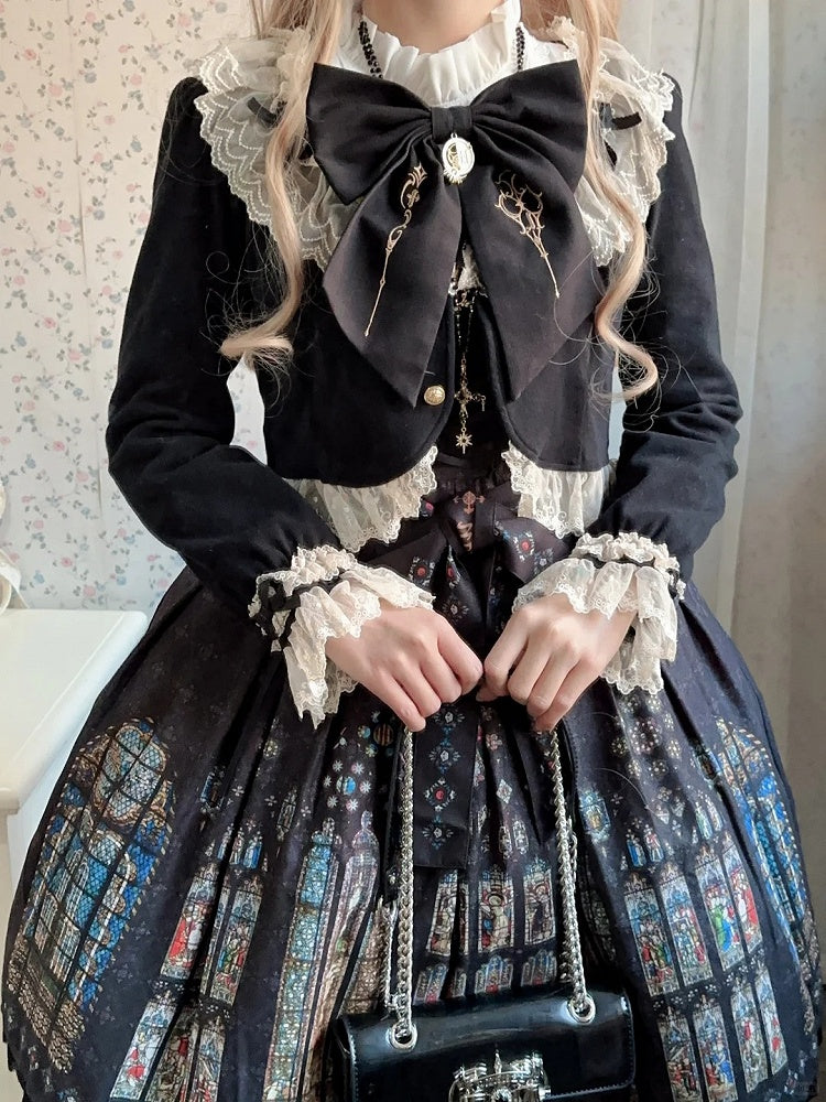 White Dress Window Collar Stained Gothic Sleeves Short Black Version Print Lolita with Long Church Detachable