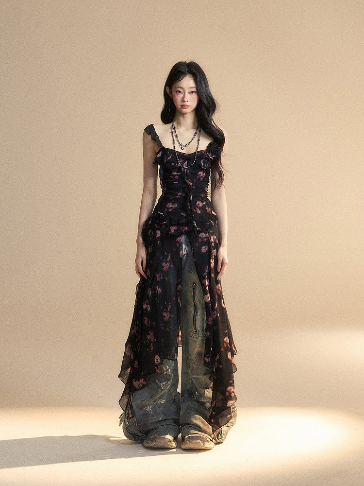 ブラック スウィートハートネックライン ノースリーブ トップス アシンメトリーヘム シフォン フローラル