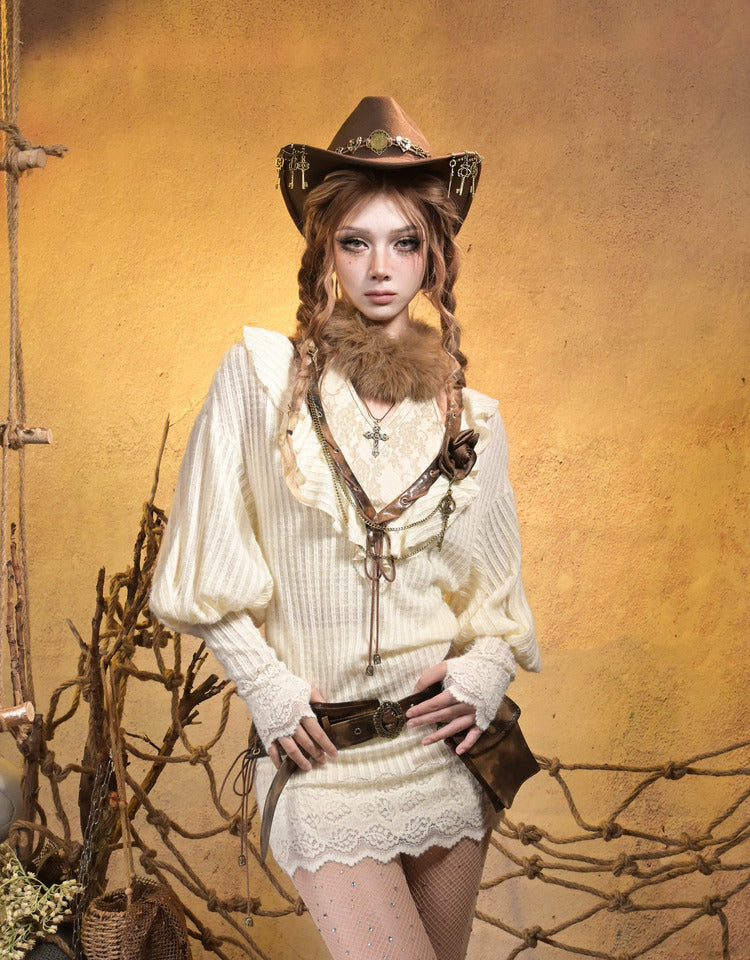 Top Faux Collar Tie Brown Shimmer Floral Punk Fur with Beige Halter