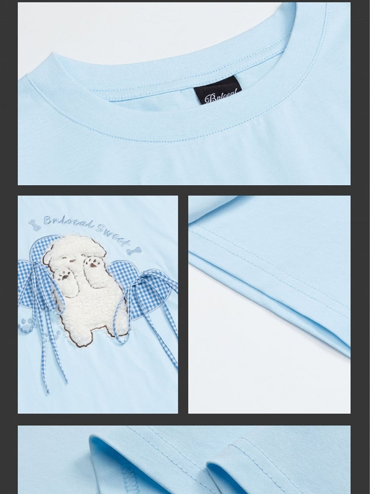 ライトブルー/ピンクの愛らしい子犬のぬいぐるみアップリケ半袖ルーズフィットTシャツ