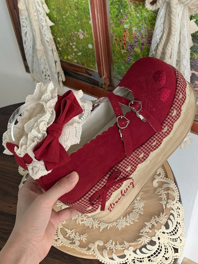 Ankle Closures Strap Lace Trimmed Platforms Lolita at Sweet Red Strawberry Velcro -