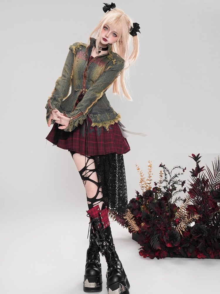 パンクグレーレタープリントディストレストリムスリムフィットデニムジャケット