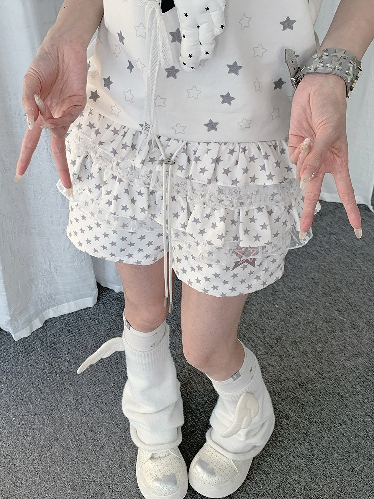 White Layered Ruffle Star Pattern Shorts with Lace Trim - Solkatt