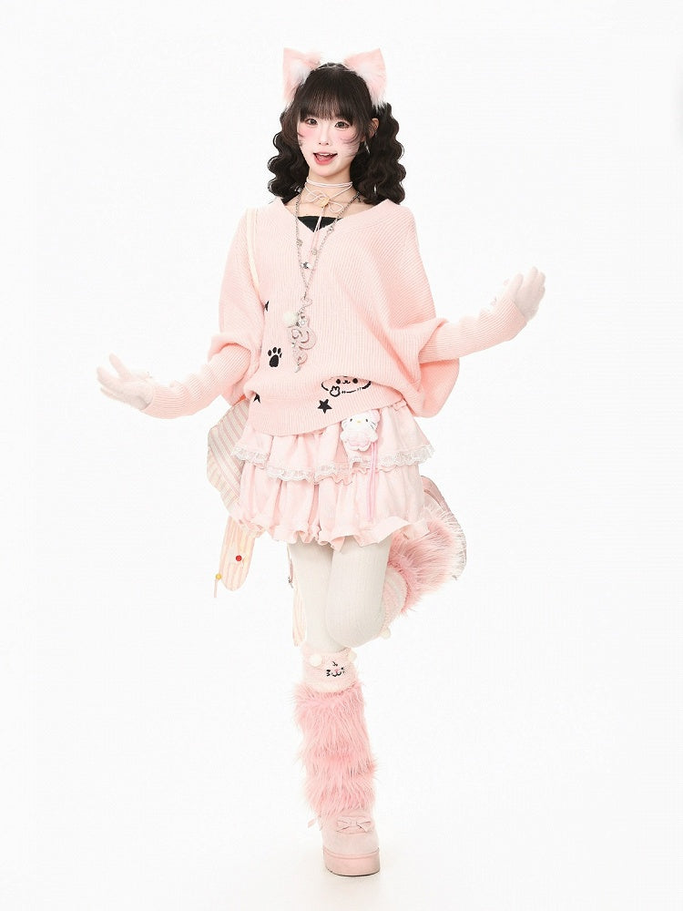 Pink Two-Piece Look Batwing Sleeve Sweater with Kitten Themed Embroidery - Languid Park