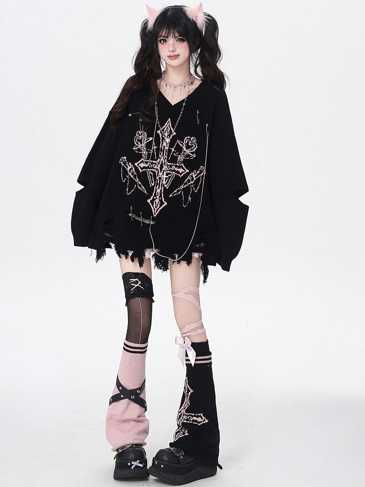 Warmers - Cross Black/Black Knitted Straps Pink/White Leg Design Asymmetrical Crisscross Y2K Pattern