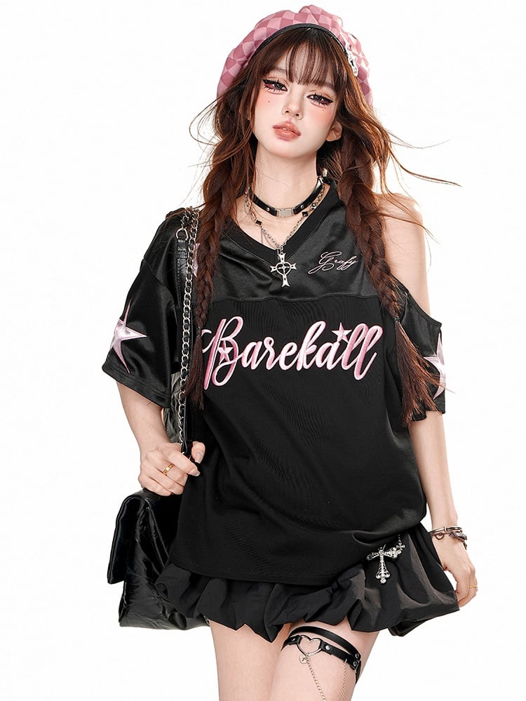 ホワイト/ブラックレターカットアウトショルダーVネックスポーティTシャツ