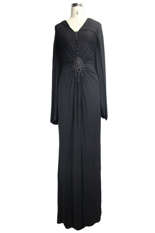 Black Frog Button Bat Sleeve Deep V-Neck Gothic Dress for Women