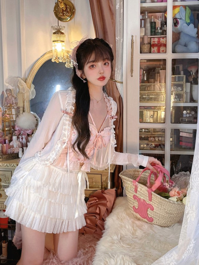 Mit Satinschleife, gepunkteter weißer Puff-Tüllrock mit Polka-Muster