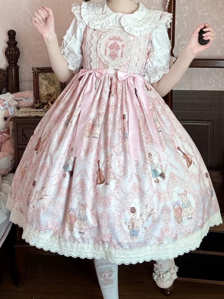 JSK Violin Dress Sweet and Lolita Waist High Bunny Print Pink