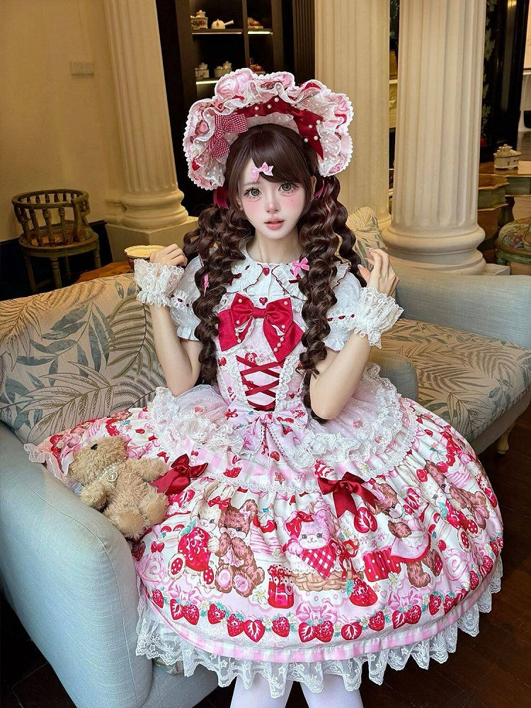 Pink Sweet Lolita JSK Dress with Bunny & Teddy Print, Lace & Bows - Miss Han