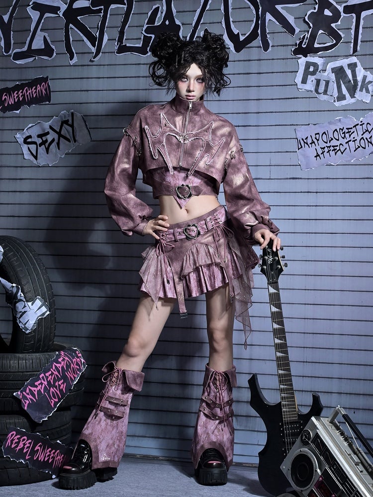 Hem Mini Pink Skirt Denim Belt Asymmetric Sequined Heart with Y2K Buckle Punk