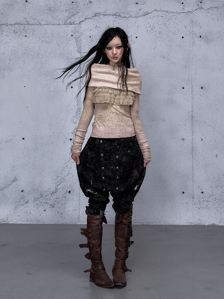 Detachable Sleeve Polka-dot Punk Vintage with Scarf Pattern Top Apricot Long