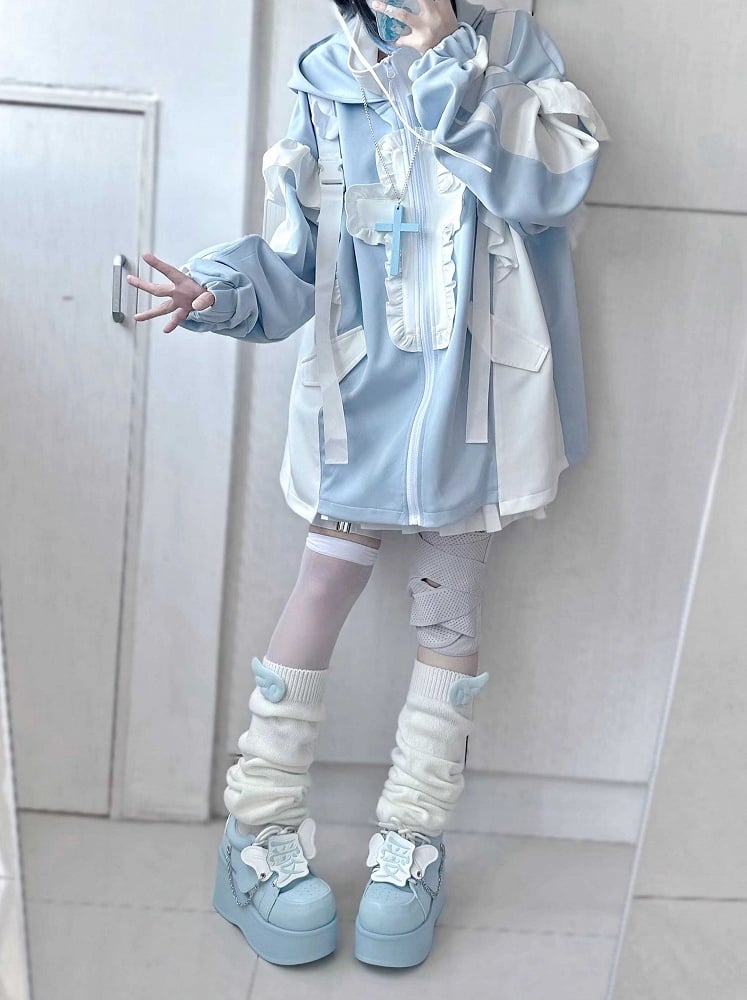 Tenshi Kaiwai Light Blue Yami Kawaii Cross Cat Ear Hoodie Shorts Leg Warmers Set