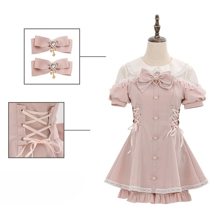 Spitzen-Outfit – Schnürung, Kei-Rüschenbesatz, Ärmel, kurze Jirai-Shorts in Pink + Oberteil mit Details