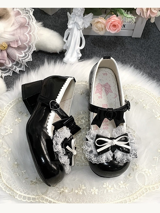 at Toe Trim - Shoes Mid-heel Lace Round PU Top Black Bow