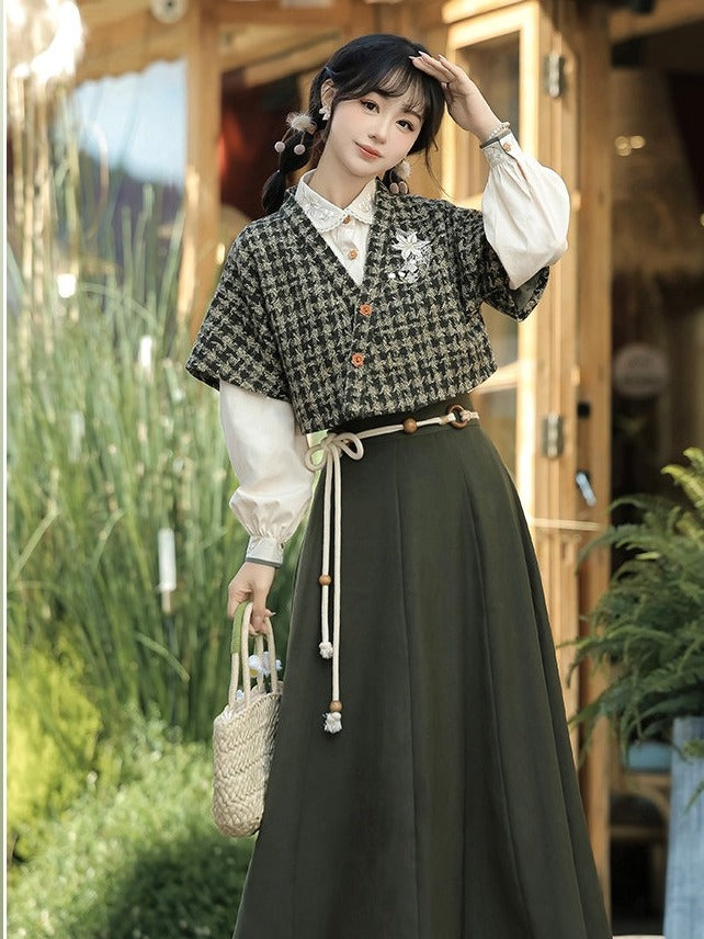 Floral Embroidered Plaid Top in Dark Green with White Blouse and Skirt Ensemble - Han Ru Chu Hanfu & Han-Element Studi