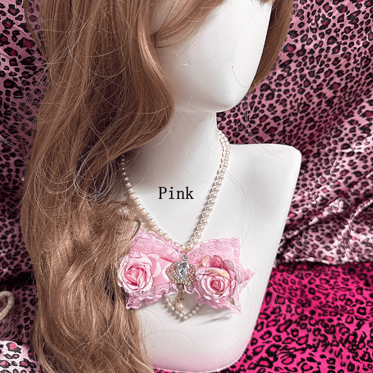 with Rhinestones Gyaru in Bead Crown Rose /White Hime Necklace Pink/Rose Red