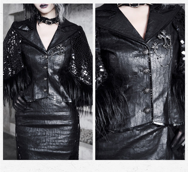 Schwarzer Blazer mit spitzem Winkel und gekerbtem Kragen für Bürodamen mit flauschigem Saum