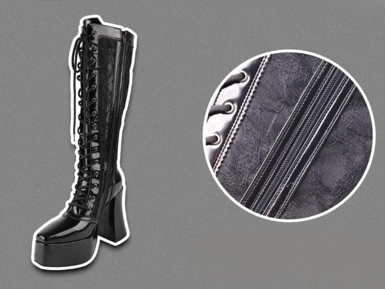ゴシックブラックフロントレースアップタイレースプラットフォームハイブロックヒールニーハイブーツ