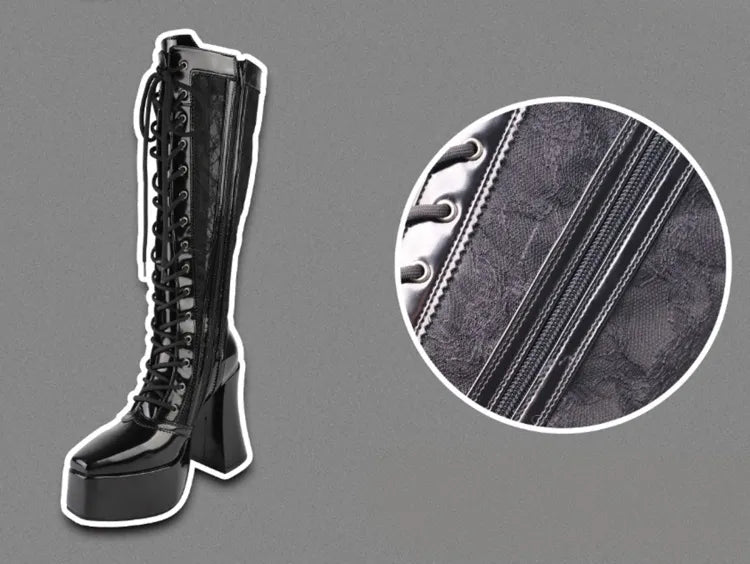 Stiefel Gothic Plateau Kniehoch Vordere Fersenbänder Hoher Spitzenblock Schwarz Schnürung