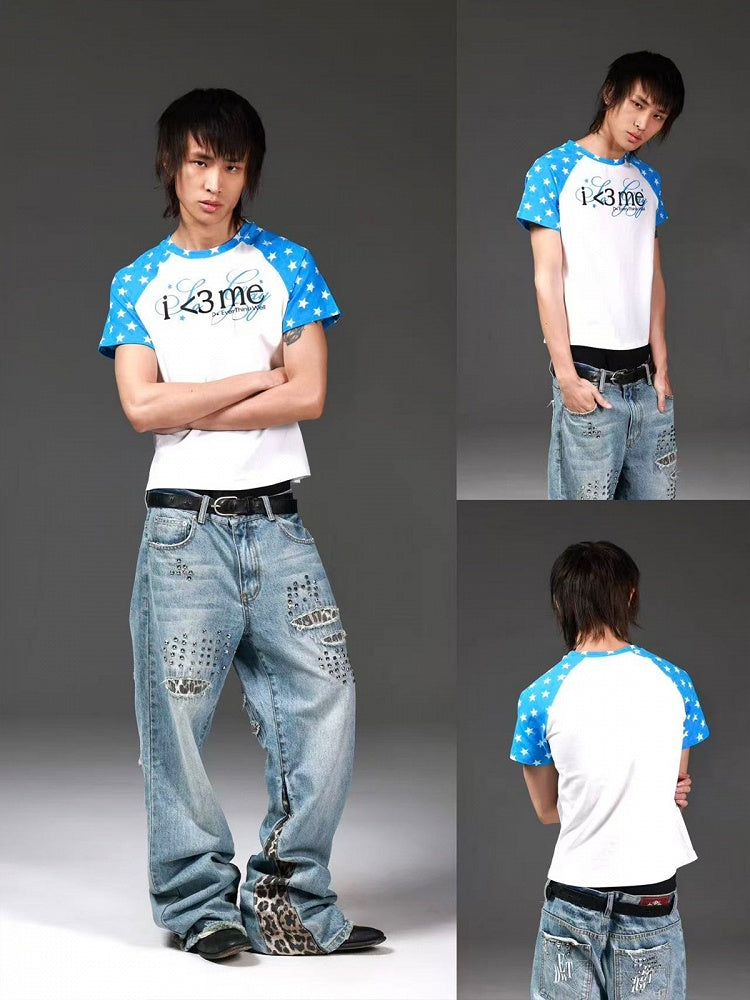 Gender-Neutral Star and Letter Print Short Sleeve Raglan Tee in Blue and White - DETW OnLine