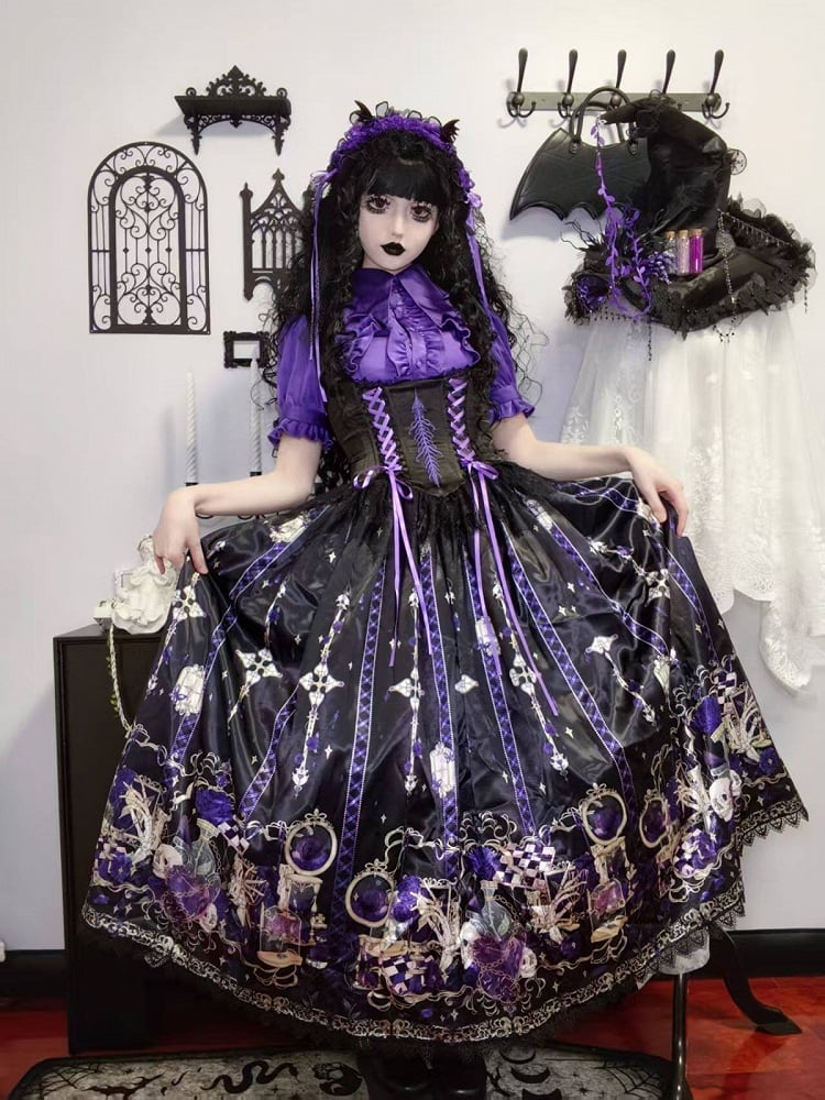 Purple Rosette and Skull Print Gothic Lolita Corset Under Bust JSK Dress - Sweetheart Love Song