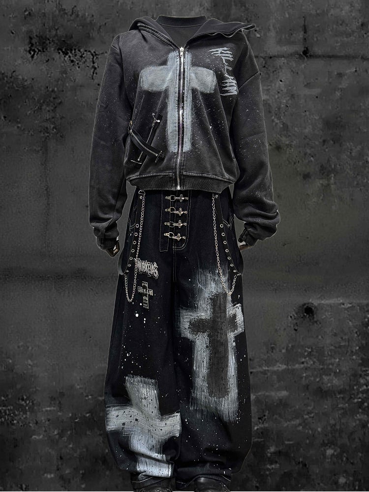 Design Wasteland Gray Punk and Hoodie Zip-Up Cross Wash with Faded