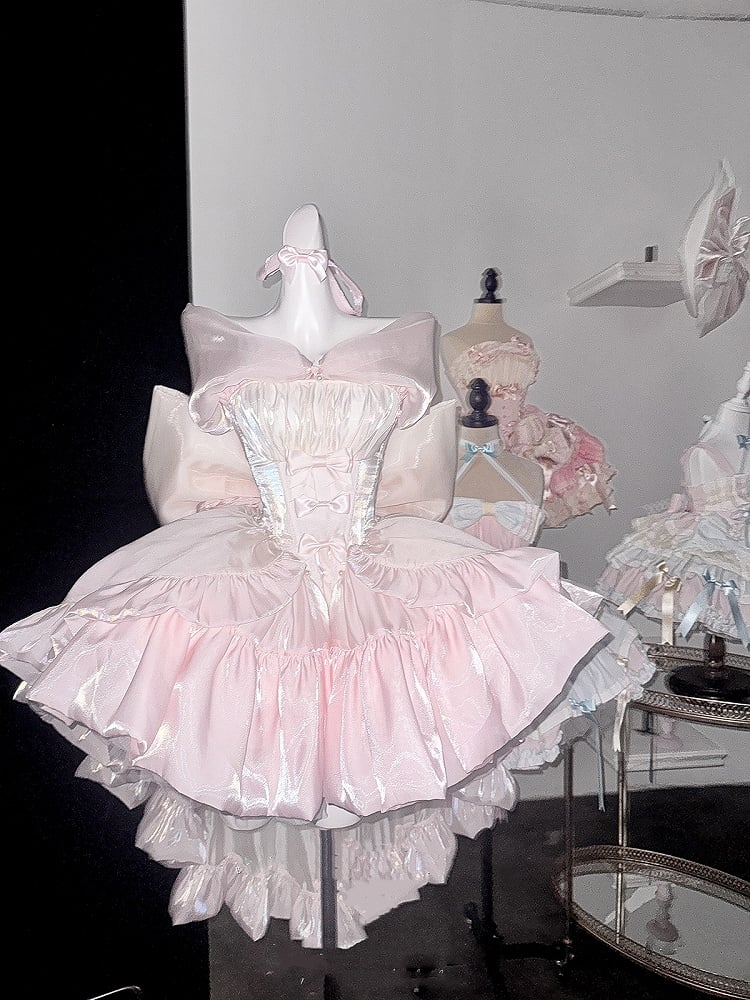 Dress Yellow Pink Lolita Bodice Details Balletcore Hime Bowknot on Strapless and