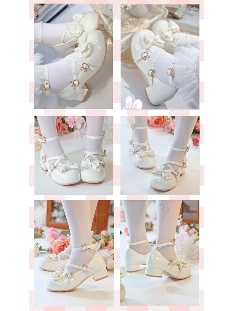 - with Lolita Leather Shoes Bow White Round PU Toe Low-heel Sweet
