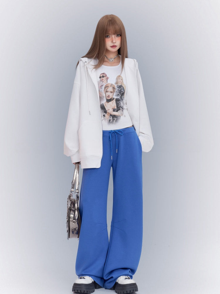 Blue Drawstring Waist Loose Straight-leg Sweatpants