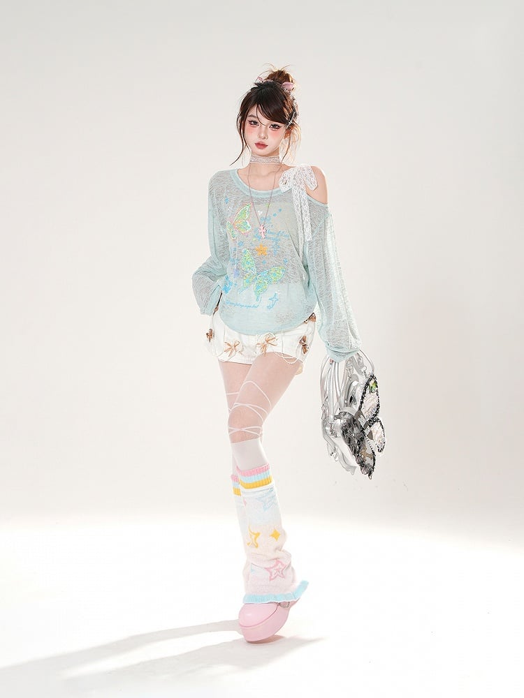 Asymmetrical Neckline Butterfly Print Apricot/Green