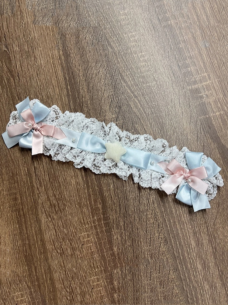 Blue Hairband / Yellow Pink Lace White Bowknots and