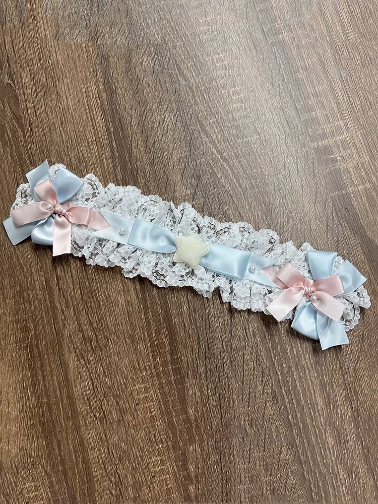 Pink and Blue / Hairband Bowknots Yellow Lace White
