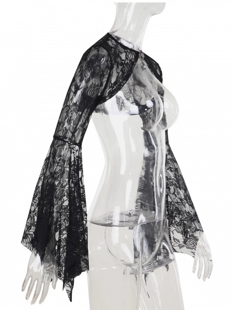 Embroidery Sleeve Floral Halloween Gothic Gem Shrug Batwing Lace with Bell Centerpiece Black