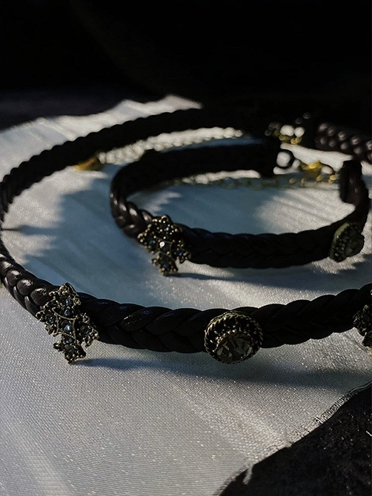 Dark Brown Gothic Leather Choker with Rhinestone Cross - Insomnia Artist