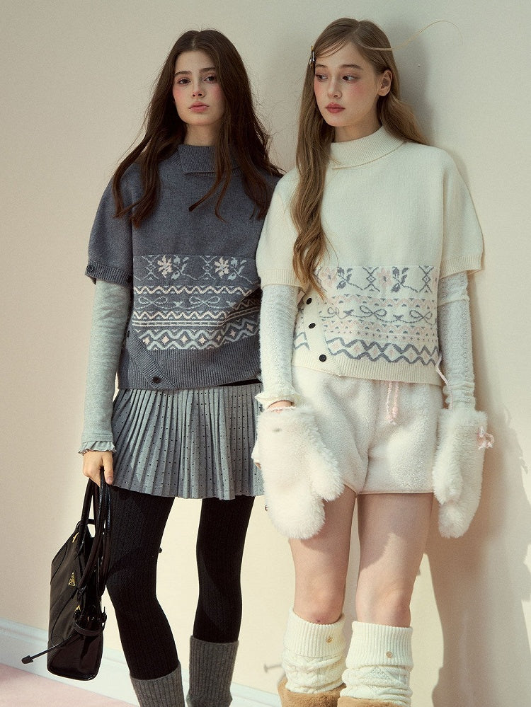 Short Pattern Sleeve Vintage with Gray Elegant Asymmetrical Sweater