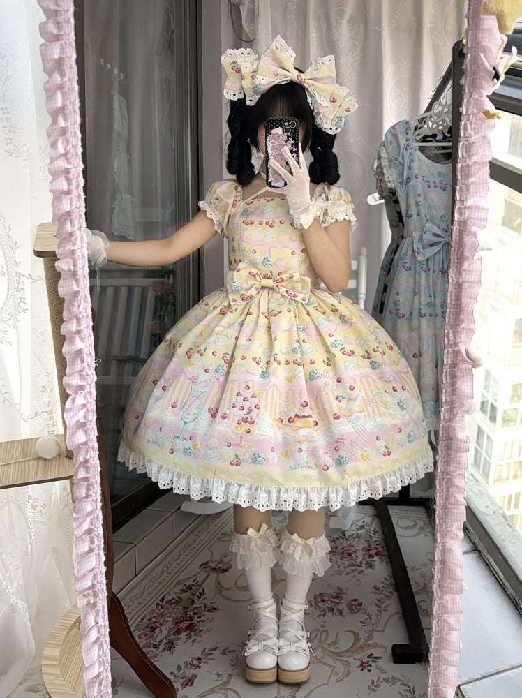 Lolita Ice Sweet Print Gelb Creme und Sommerkleid Kirsche