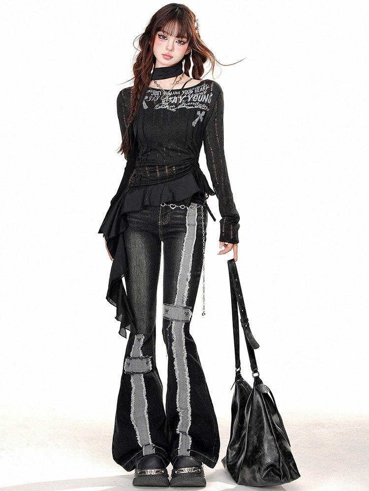 Black/Apricot Drawstring Waist Slim Fit Top with Asymmetrical Ruffle Hem