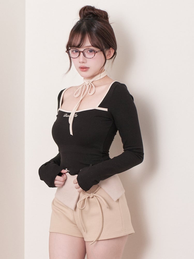 Kei Black Top Square Neck Jirai Long-Sleeve with Tie