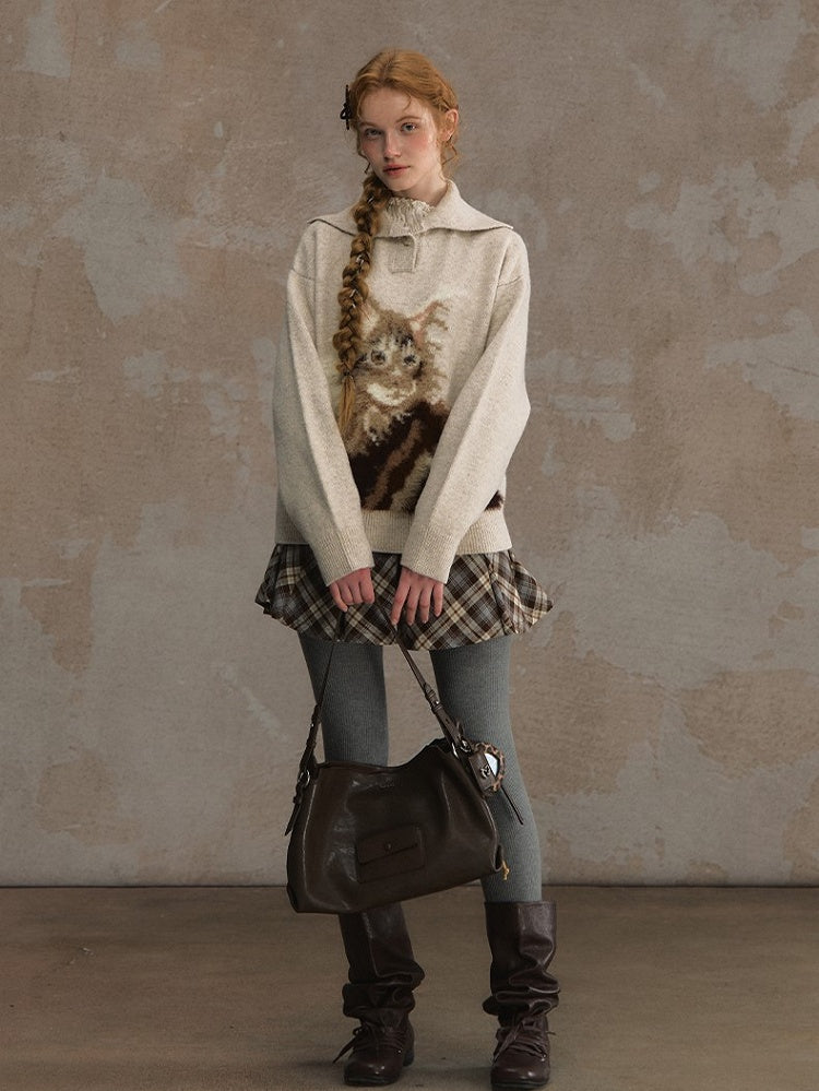 Beige/Brown Cozy Loose-Fit Pullover Sweater with Cat Design and Convertible Collar