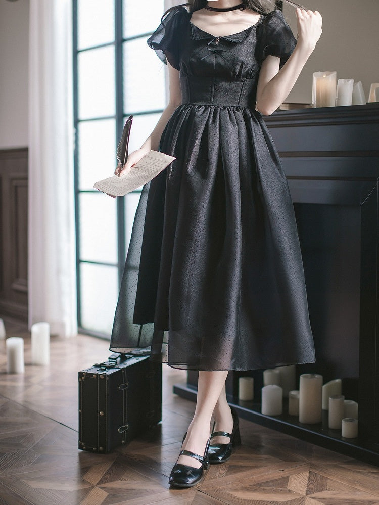 Kleid mit Stäbchen, Puffärmeln, hoher Taille, elegant, schwarze Ärmel