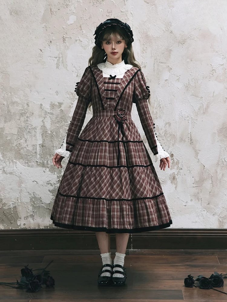 Ausschnitt mit Spitze, schwarz, lang, klassisch, kariert, Ärmel, Lolita-Kleid, elegant, rot und Paspelierung