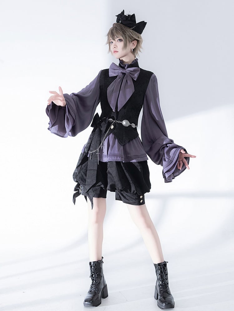 袖付きパープルネックラインのビショップ・ポエット・フリルブラウス