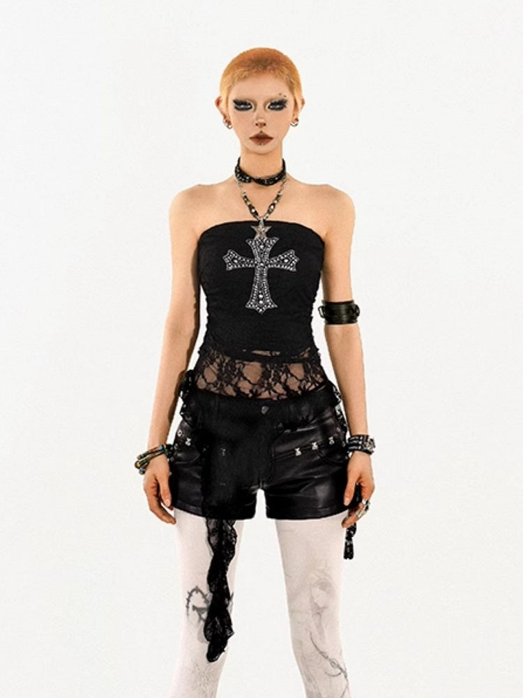 Sheer Tube Black Lace Punk Y2K Top with Rhinestone Cross