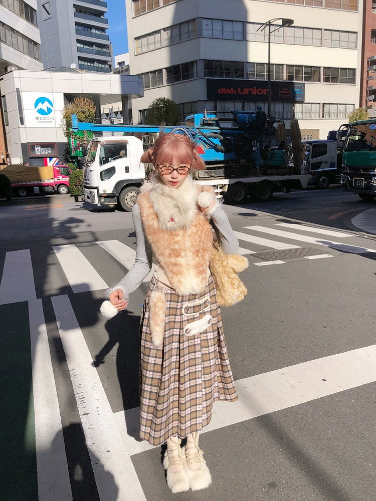 Accents BlackGray/BrownYellow Plaid Patch Plush Thigh-High and Wool Slit Skirt with Midi