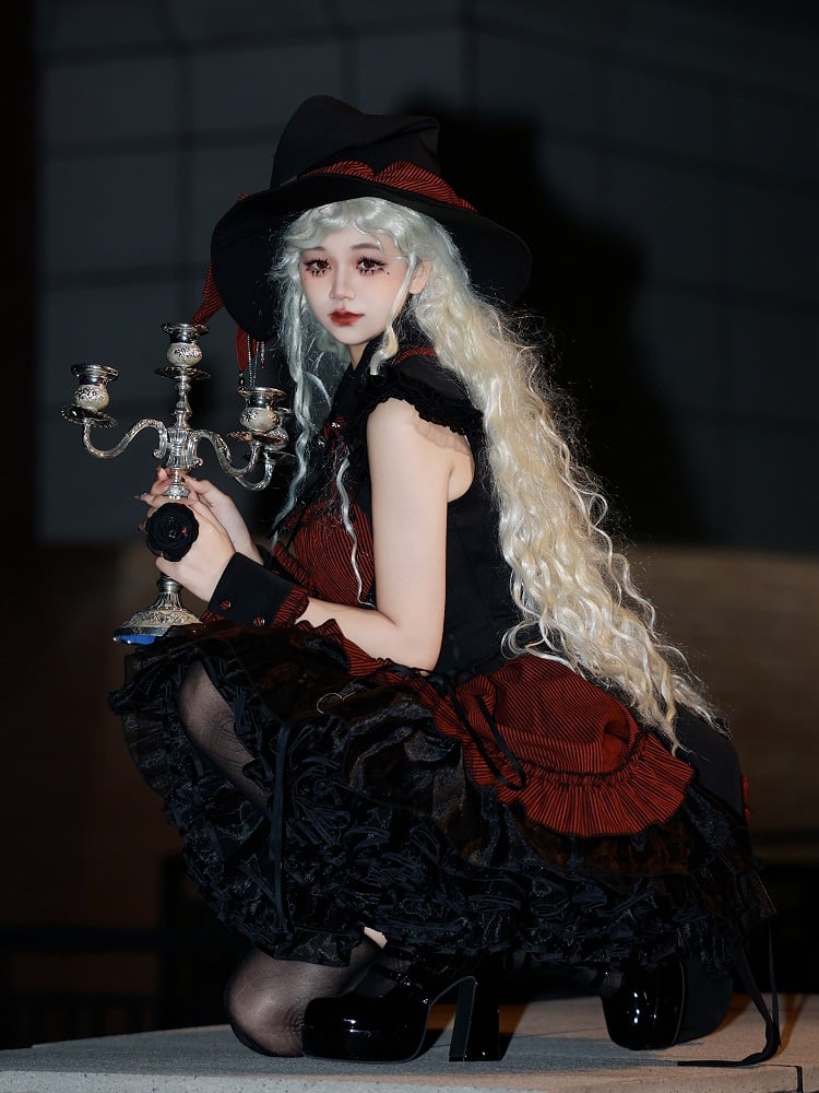 Hem Drawstring Lolita Halloween Gothic Boned and Black Pattern Waist Striped Red Dress