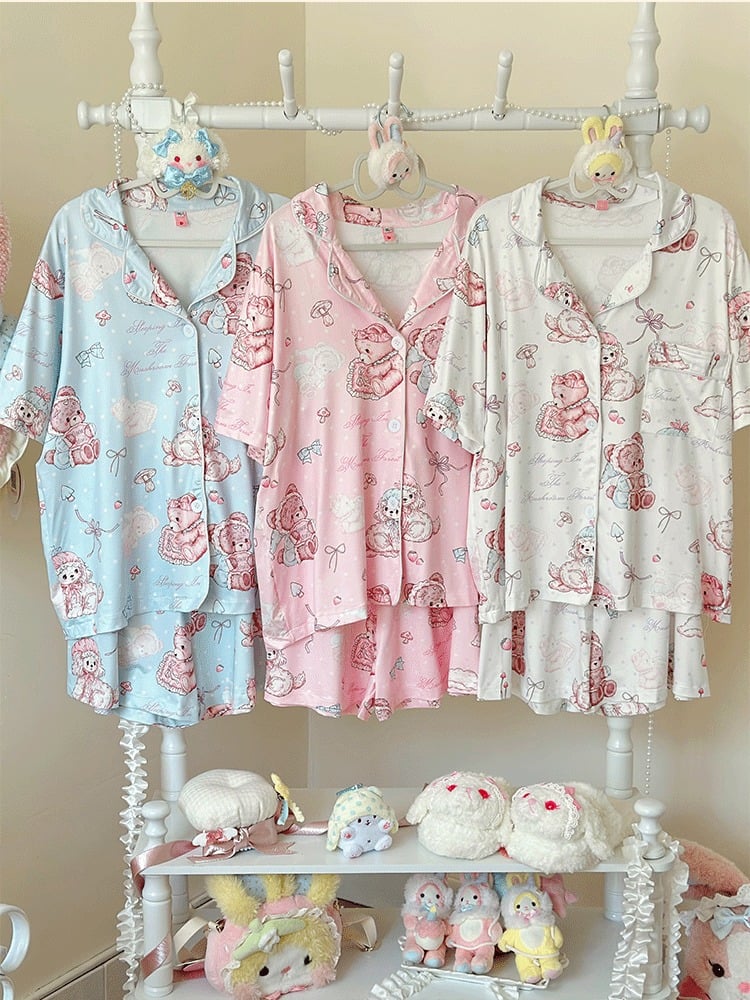 White Sweet Bear Print Short Sleeve Top and Shorts Sleep Set - Versatile girl