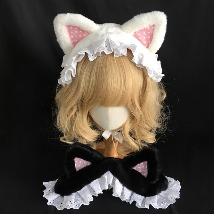 with Cat Trim Black/White Lace Ear Hairband
