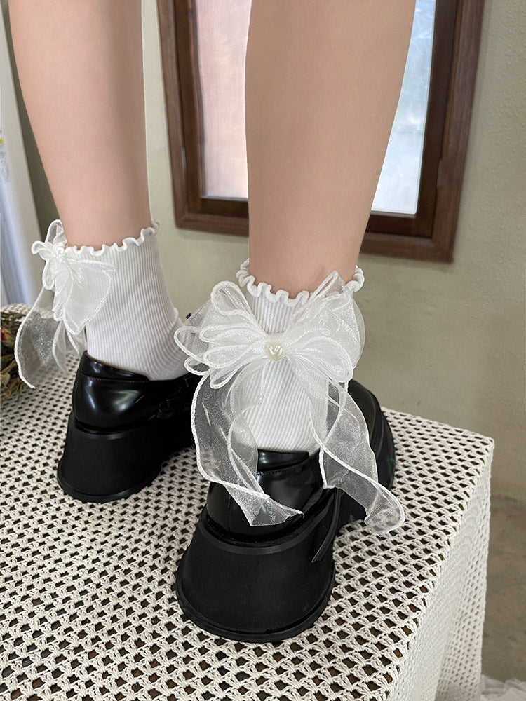 Double-Layer Bead Black/White Bowknot Mesh Socks Heart
